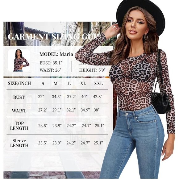 🆕Women Floral Mesh Top Leopard Crew Neck Long Sleeve Polyester Sexy Tee Shirt - Picture 6 of 6